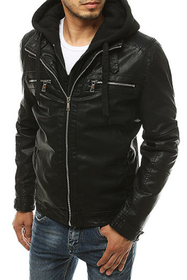Black men's leather jacket with a hood TX3393