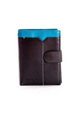 Czarny skórzany portfel dla mężczyzny z niebieską wstawką