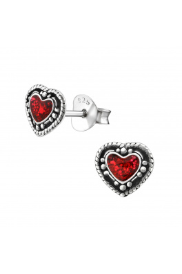 Srebrne naušnice dugmad u vintage stilu - srca s crvenim kristalom 