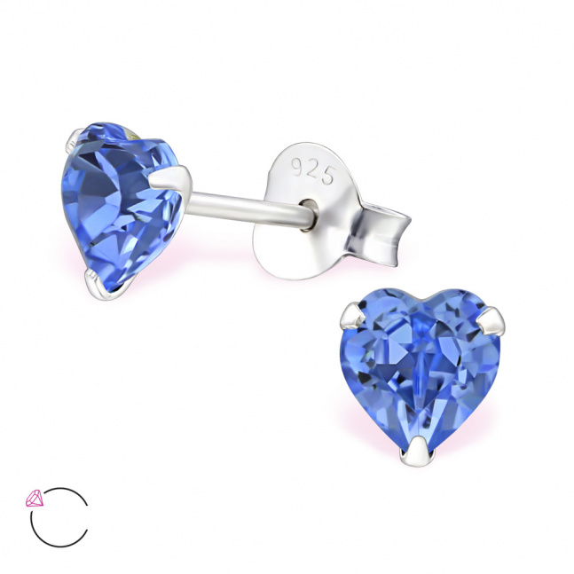 Náušnice stříbrné - srdce modré s crystalem Swarovski