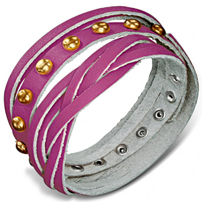 Kožna narukvica - pink boje, okrugle zakovice zlatne boje i pletenica BHY456 