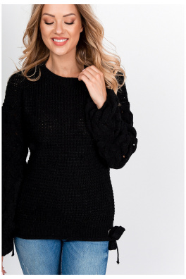 Ženski pleteni pulover s mašnama- crna,
