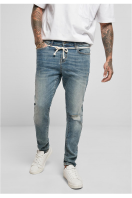 Slim Fit Drawstring Jeans mid heavy destroyed washed
