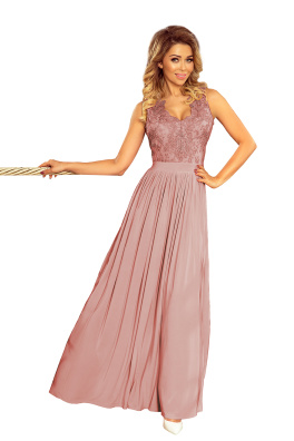 Duga ženska haljina LEA s izvezenim dekolteom Numoco 215-5 - siva roze,