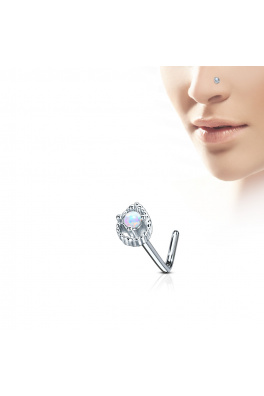 Rhodiovaný piercing do nosu - bílý syntetický opál