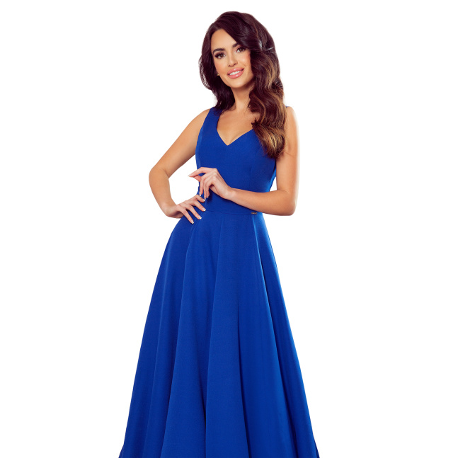 Ekskluzivna duga ženska haljina CINDY bez rukava s dekolteom Numoco 246-3 - plava,