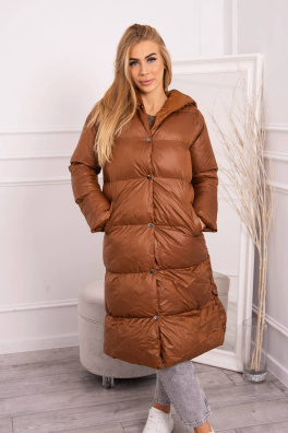 Quilted winter jacket with a hood camel