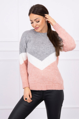 Sweater with geometric patterns gray+powdered pink