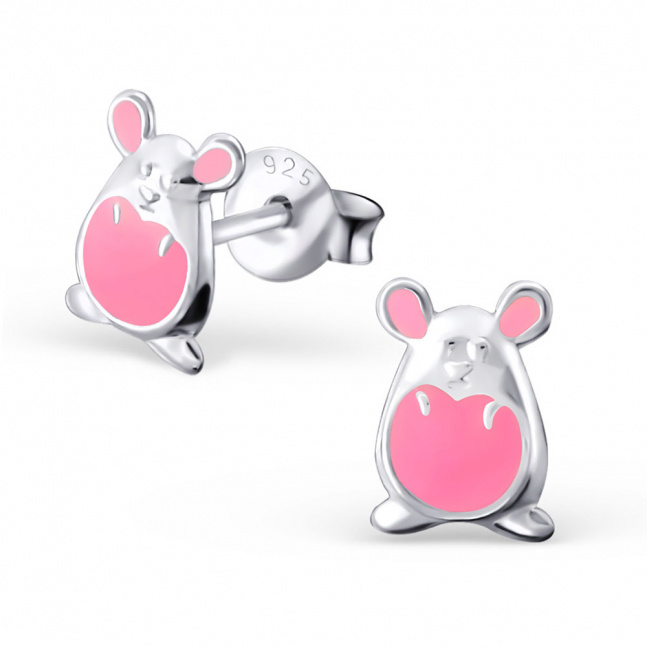 Dječje srebrne naušnice - ružičasti miš
