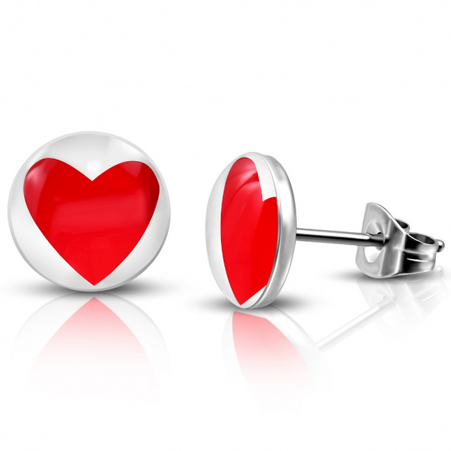 Naušnice od nehrđajućeg čelika - crvena srca u bijelom krugu