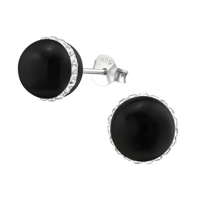 Srebrne naušnice dugmad - okrugle perle crne boje s prugom bijelih cirkona