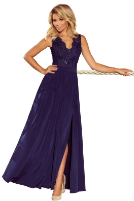 Duga ženska haljina LEA s izvezenim dekolteom Numoco 215-2 - tamno plava,