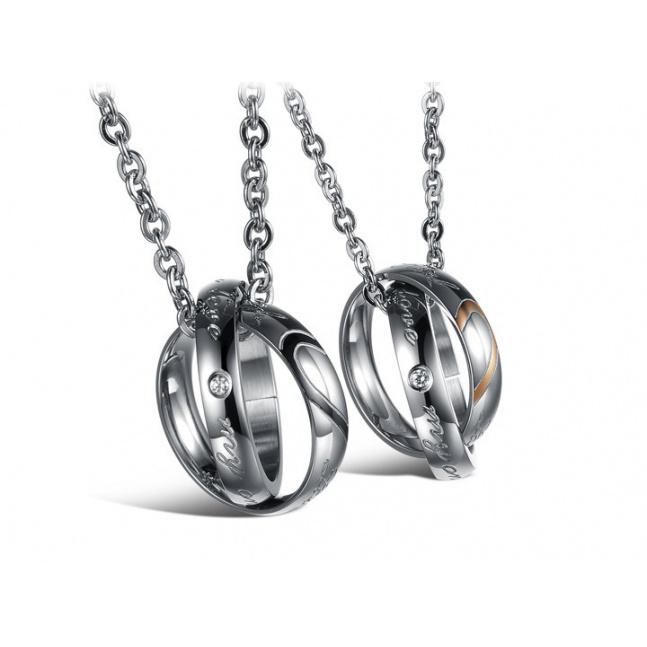 Privjesci za dvoje od kirurškog čelika - prstenovi u dvije boje s polovinom srca