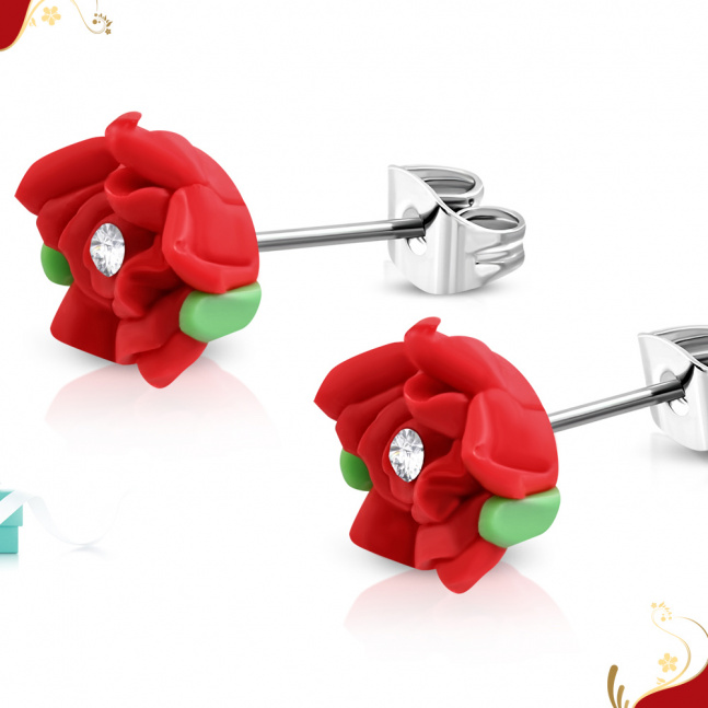 Čelične dugme naušnice - akril ruža u cvatu u crvenoj s cirkonom