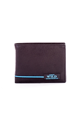 Czarny portfel skórzany z niebieskimi wstawkami