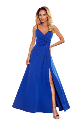 Duga ljetna haljina CHIARA s naramenicama, razrezom i preklopom Numoco 299-3 - plava,