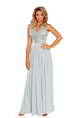 Duga ženska haljina LEA s izvezenim dekolteom Numoco 215-1 - srebrna,