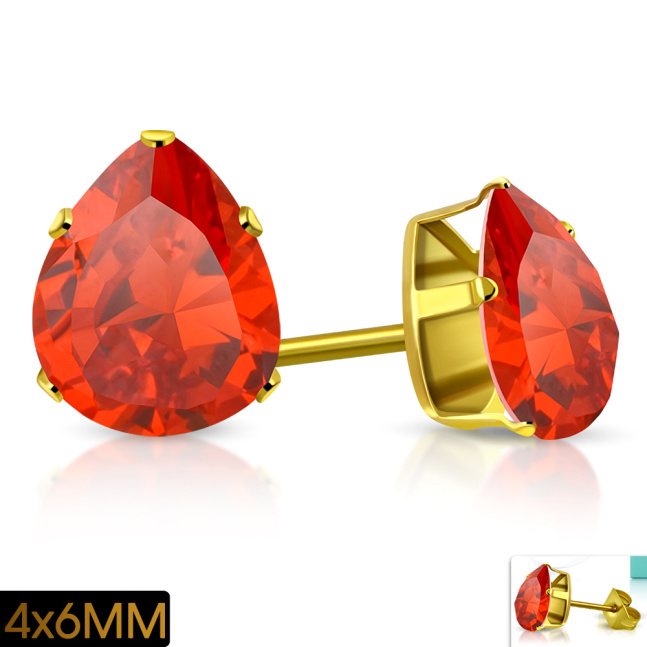 Čelične naušnice zlatne boje s kristalom - crvena kapljica 6 mm 