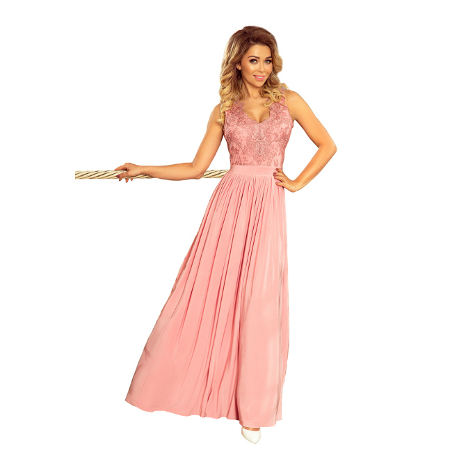Duga ženska haljina LEA s izvezenim dekolteom Numoco 215-3 - puder roze,