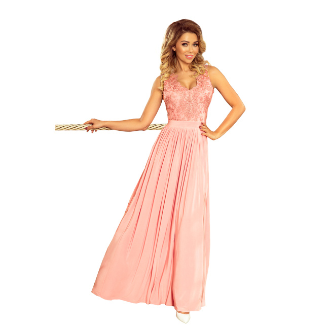 Duga ženska haljina LEA s izvezenim dekolteom Numoco 215-4 - pastel roze,