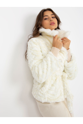 Biała futrzana kurtka zimowa z paskiem wiązanym