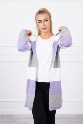 Trójkolorowy sweter w paski ecru+fioletowy+szary