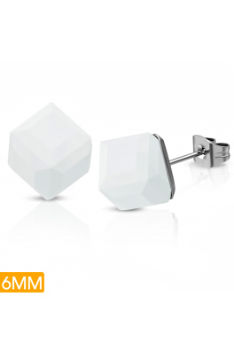 Naušnice dugme od kirurškog čelika u obliku kristalnih kockica - mliječno bijela 6 mm