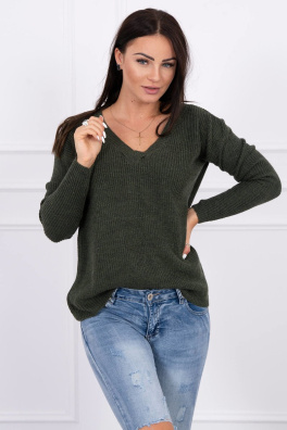 Sweter z dekoltem V khaki