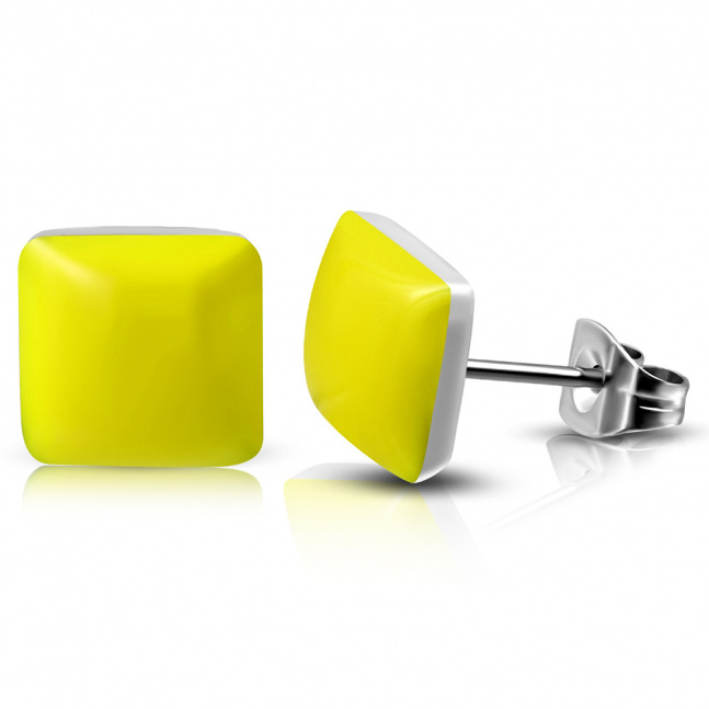 Naušnice izrađene od čelika - sjajni kvadrati žute boje