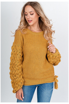 Ženski pleteni pulover s mašnama- žuto smeđa,